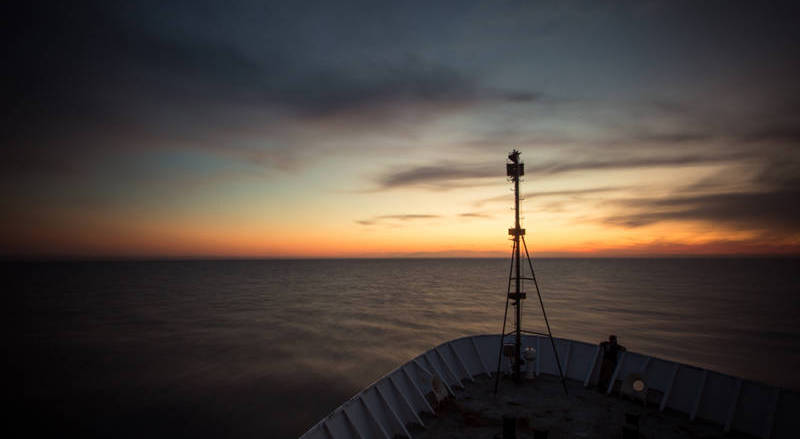 View from the bow of NOAA Ship Okeanos Explorer as she transits to the West Florida Escarpment for the second segment of the 2014 Gulf of Mexico Expedition.
