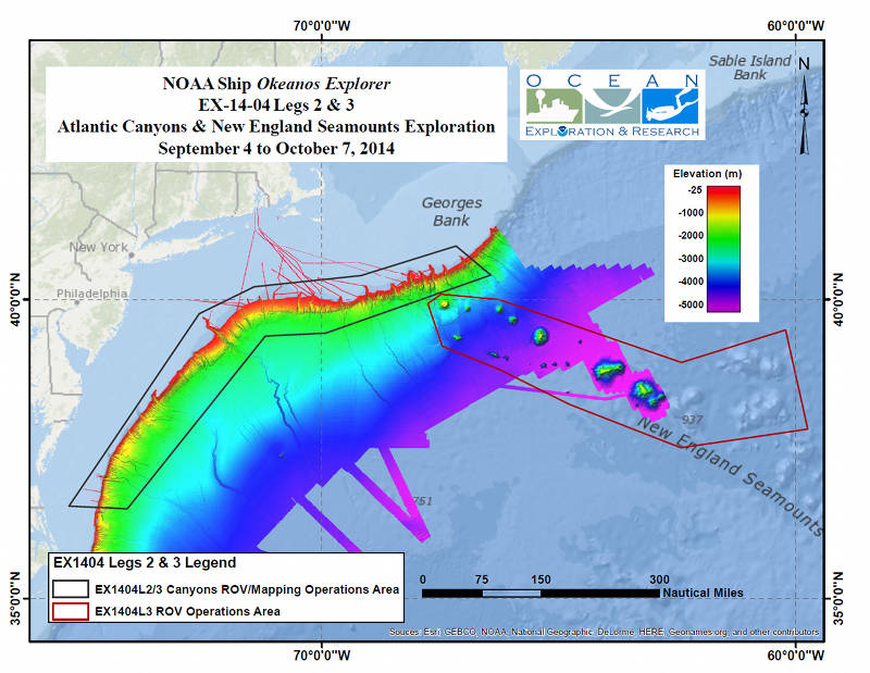 Map showing areas that will be explored during the second and third legs of the Our Deepwater Backyard: Exploring Atlantic Canyons and Seamounts 2014 expedition. Color-coded bathymetry, previously collected by Okeanos Explorer and by the University of New Hampshire’s Center for Coastal and Ocean Mapping UNCLOS expeditions, processed with QPS Inc., Fledermaus software. Map created with ESRI ArcMap software.