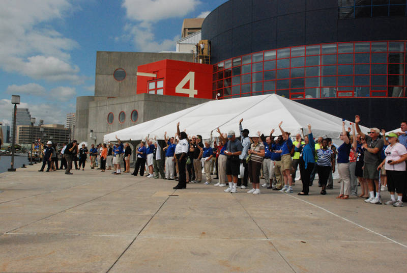 Staff at the National Aquarium welcomes Okeanos Explorer to Baltimore, MD.