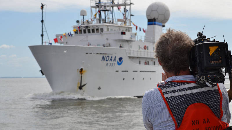 On the way into Baltimore, a cameraman from CBS's 60 Minutes filmed Okeanos Explorer from NOAA Ship Bay Hydro II.