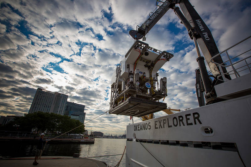 Shortly after arriving in Baltimore, remotely operated vehicle Deep Discoverer was off-loaded from Okeanos Explorer to the pier that would be its home for the next few days.