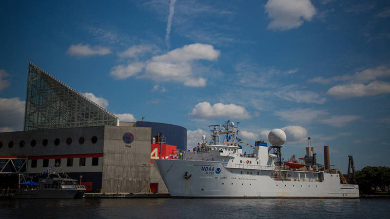 NOAA Ship Okeanos Explorer is seen dressed in international maritime signal flags in Baltimore Harbor for the 2014 Star-Spangled Spectacular.
