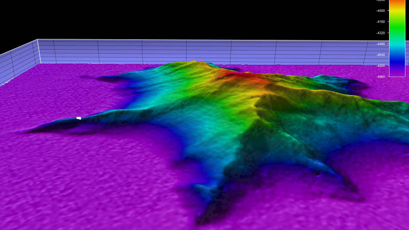 This image shows a side view, two-times vertical exaggeration, of the unnamed seamount we explored during Dive 10. The white dot represents the point where remotely operated vehicle Deep Discoverer was deployed.