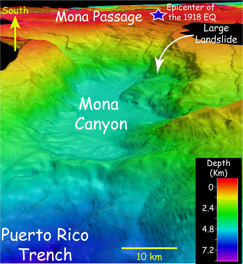 Figure 4. View of the Mona Canyon looking south towards the Mona Passage. Blue star shows the epicenter of the1918 San Fermin magnitude 7.5 earthquake. Vertical exaggeration is 2:1. This bathymetry data is representative of the data collected during Legs I & II of Océano Profundo 2015. Data courtesy of USGS and the Ocean Exploration Trust.
