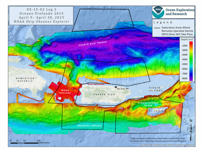 Figure 1: Mission map showing the operating areas, with priority areas outlined in black, for Leg 3 of Océano Profundo 2015: Exploring Puerto Rico’s Seamounts, Trenches, and Troughs. Map created with ESRI ArcMap software and data displayed is provided by ESRI, Delorme, GEBCO, USGS, NOAA NGDC, and other contributors.