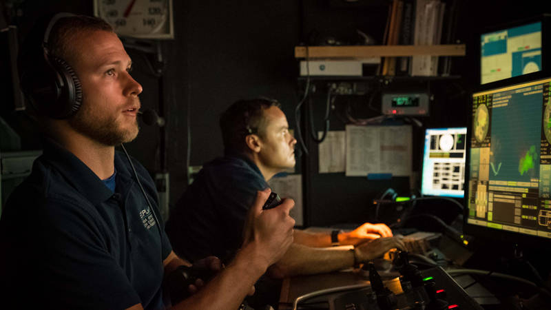 ROV pilot Chris Ritter practices controlling the new manipulator arm.