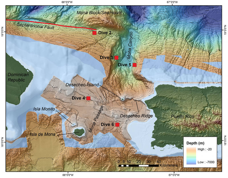 Overview of <em>Okeanos</em> dives the Mona Passage region. The red line highlights the Septentrional Fault.