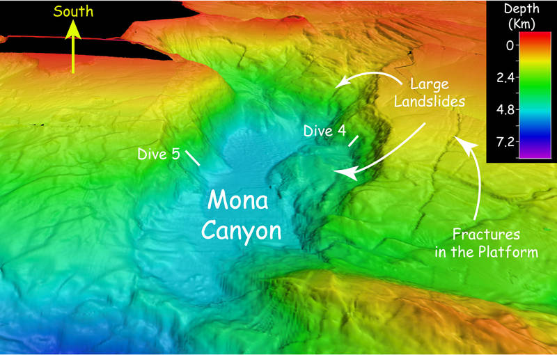 Multibeam sonar bathymetry of Mona Canyon, off the northwest coast of Puerto Rico, showing large landslides that might be related to the 1918 magnitude-7.3 earthquake.