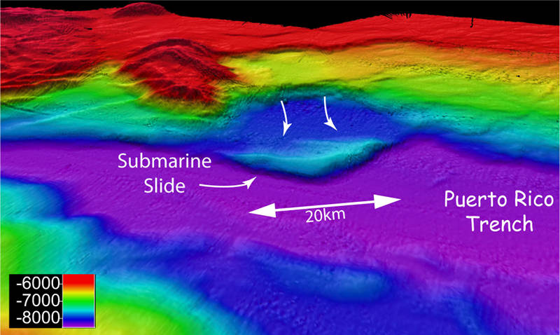 Figure 5: Multibeam sonar bathymetry of a large 20-kilometer-wide submarine slide on the northwest wall of the Puerto Rico Trench.