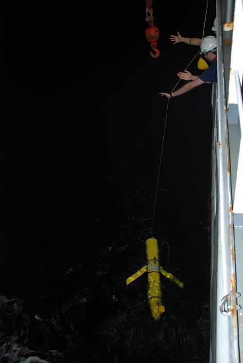 Coordinating the retrieval of the glider was a bit tricky, with the ship moving, the glider bobbing in the waves, and limited visibility at night, but the Okeanos team managed to attach NG301’s recovery rope to the ship’s crane and bring it safely back on board.