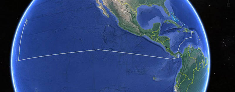 Proposed track lines for the ship during this expedition. Leg I is in the Caribbean Sea between San Juan, Puerto Rico, and Panama City, Panama. Leg II is in the eastern Pacific Ocean between Panama City, Panama, and Pearl Harbor, Hawaii, along the Clipperton Fracture Zone.