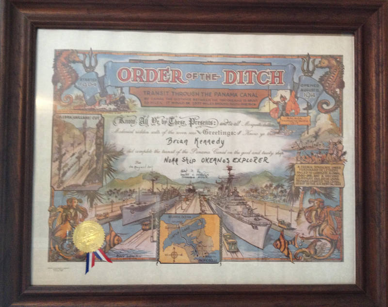 Order of the Ditch certificate that the team received as they passed through the Panama Canal.