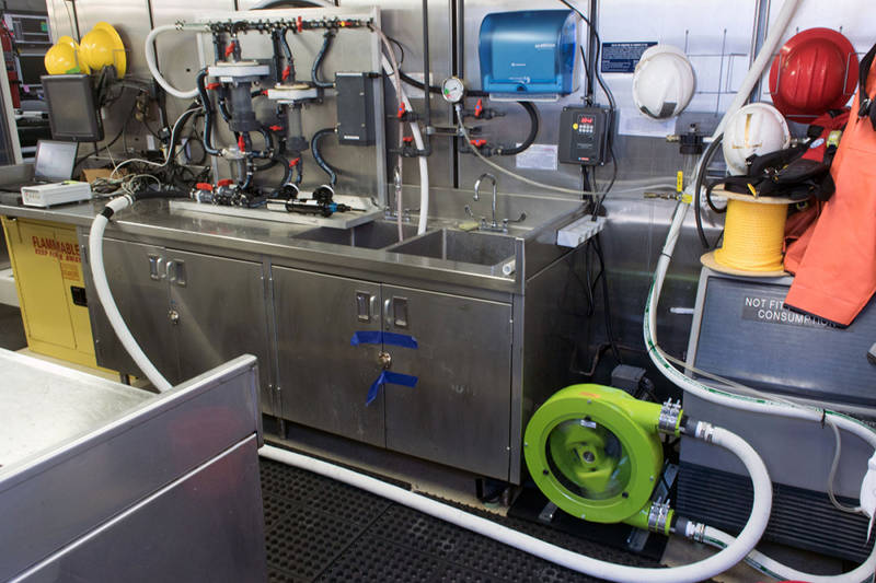 Interior set up of the Salinity Sea Snake in the wet lab of NOAA Ship Okeanos Explorer.