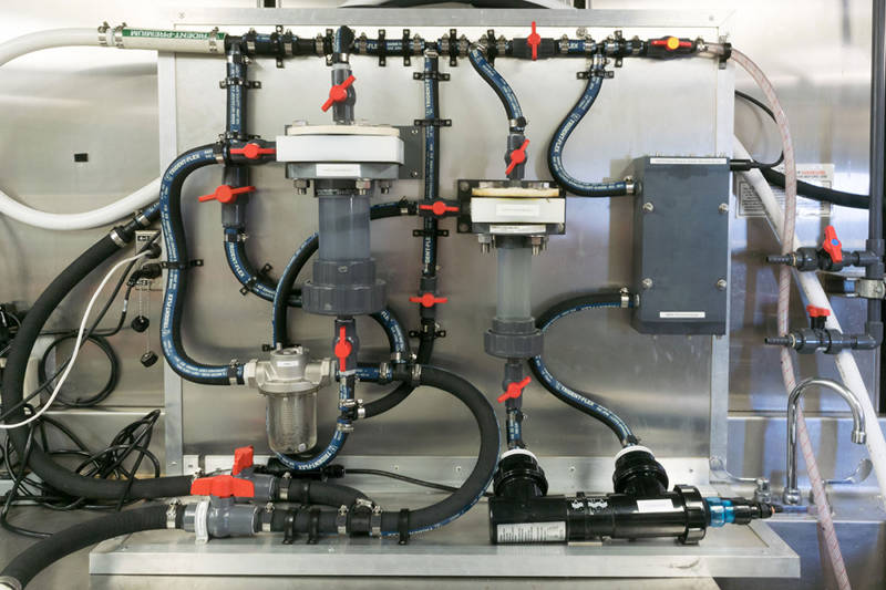 Once water is pulled into the wet lab, it is then carefully filtered, de-bubbled, sterilized, and analyzed by a thermosalinograph.