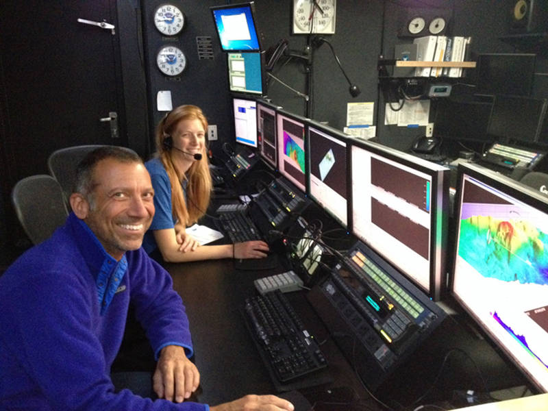 Explorers in Training Mike Barber and Kate von Krusenstiern process data in the control room while we transit through the Mexican EEZ.