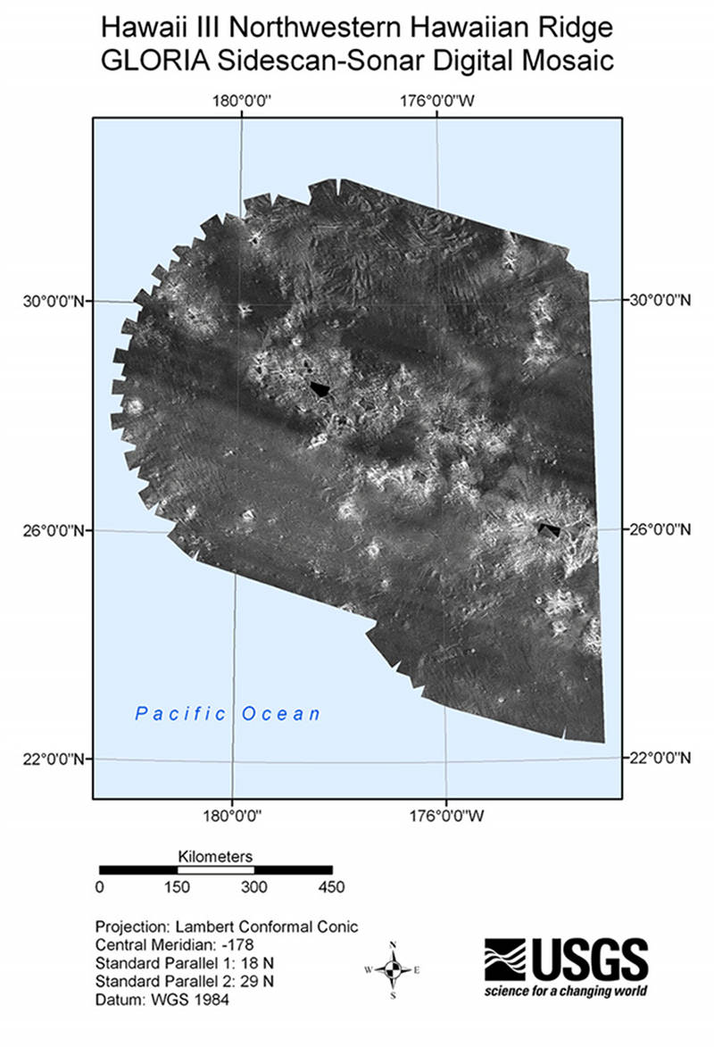 Figure 1: A mosaic of Gloria data for the northern end of PMNM. Note that in this image, lighter color denotes hard seafloor whereas darker color shows softer sediment seafloor.