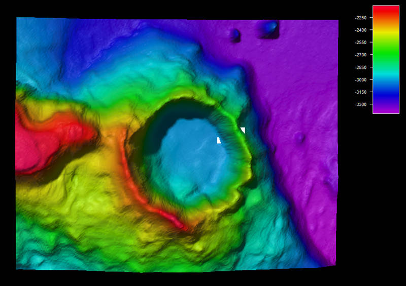 Bathymetric image of a crater located on the eastern Ridge off Maro Reef. The crater is 6km (3.1nm) across and over 3km deep, with walls up to 800m high. Sonar and sample data collected this cruise may provide insights into the currently unknown origin of the crater.