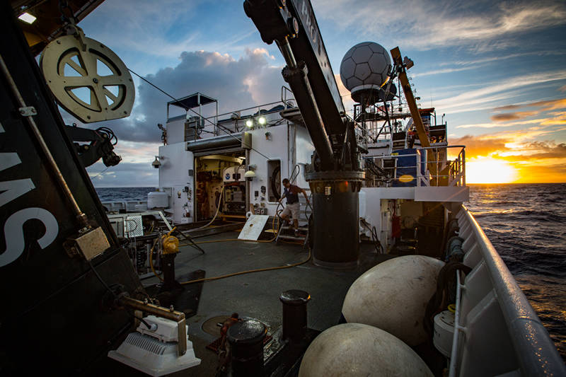 NOAA Ship Okeanos Explorer transits to Johnston Atoll- mapping their way off into the sunset.