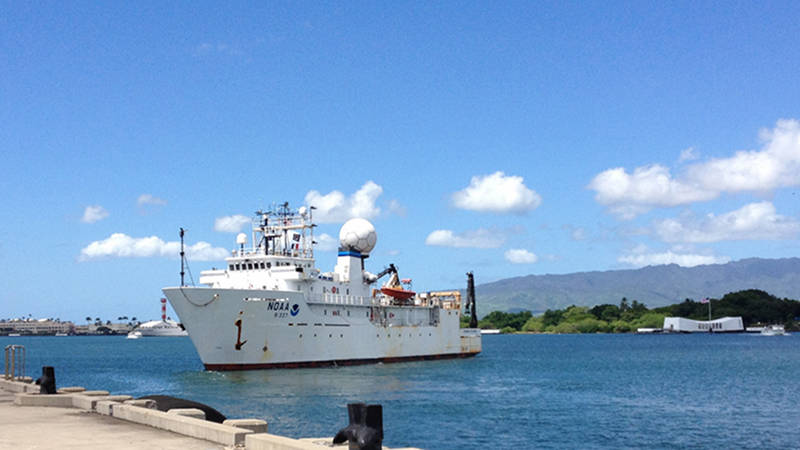 NOAA Ship Okeanos Explorer makes a stop at Kilo pier to offload the ROVs at the conclusion of the 2015 field season.