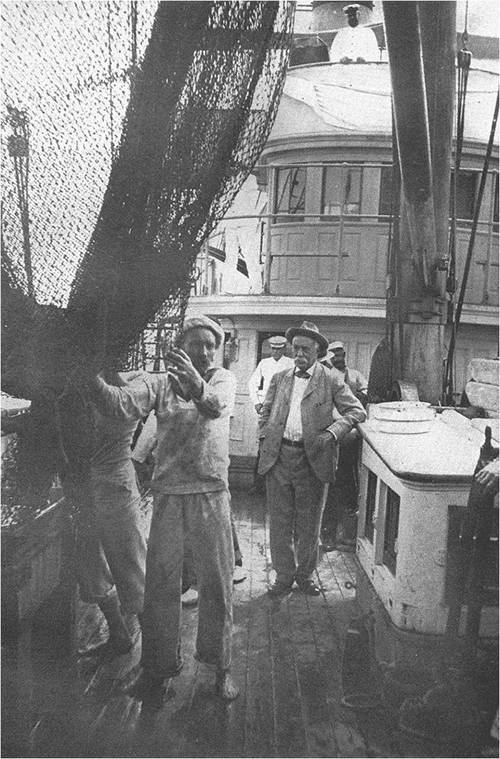 The back deck of the Albatross after a collection of specimens via deep-sea trawling.