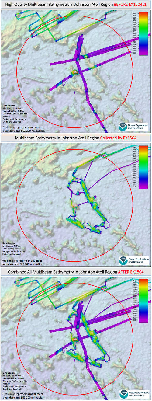 Maps showing the multibeam sonar mapping coverage in the Johnston Atoll Unit of the Pacific Remote Islands Marine National Monument, now known as Pacific Islands Heritage Marine National Monument before and after Legs 1 and 4 of the 2015 Hohonu Moana Expedition with NOAA Ship Okeanos Explorer.