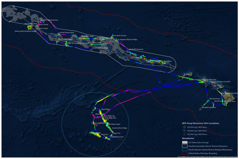 Summary map showing work conducted during four NOAA Ship Okeanos Explorer cruises as part of the EX-15-04 Hohonu Moana Expedition. During the course of three months, 65 days at sea were spent conducting mapping and 37 ROV dives in the Hawaiian Archipelago and offshore of Johnston Atoll. Leg 1 and 4 operations focused on the Johnston Atoll Unit of the Pacific Remote Islands Marine National Monument (blue boundary). Leg 2 operations focused on the Papahānaumokuākea Marine National Monument (white boundary). Leg 3 operations focused on the main Hawaiian Islands and Geologists Seamounts group.