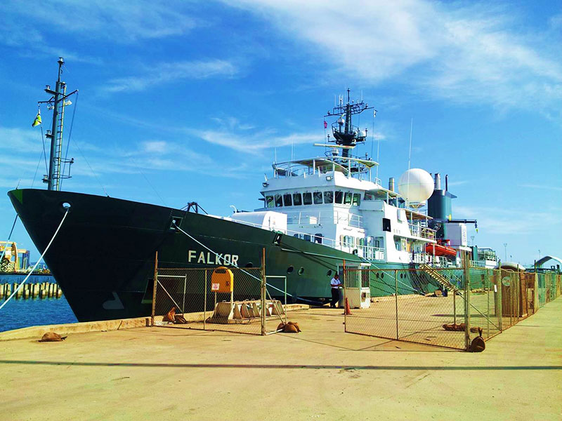 R/V Falkor docked at Honolulu prior to mapping expedition to the Papahānaumokuākea Marine National Monument in 2014.