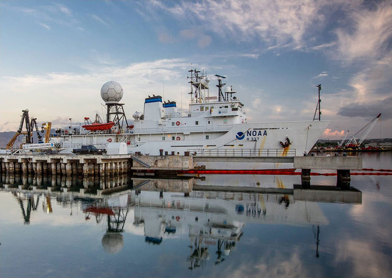 NOAA Ship Okeanos Explorer docked at Pearl Harbor prior to expedition to the Northwestern Hawaiian Islands in 2015.