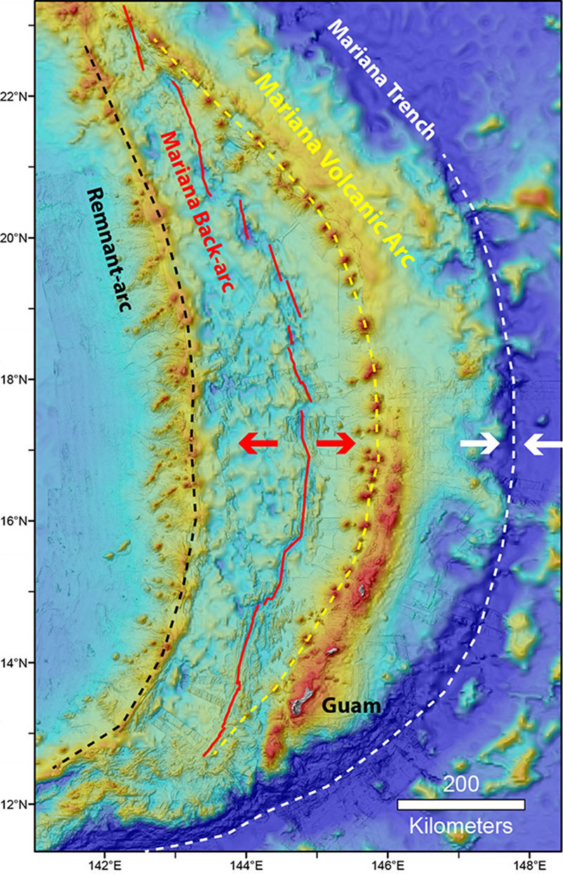 Map showing the locations of the Mariana Trench (white dashed line), Volcanic Arc (yellow dashed line), and back-arc spreading center (red line) and remnant arc (black dashed line).