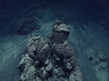 An isolated pillow outcrop surrounded by sediment. Scientist refer to the funny looking protrusion towards the top of the outcrop as a mushroom pillow.