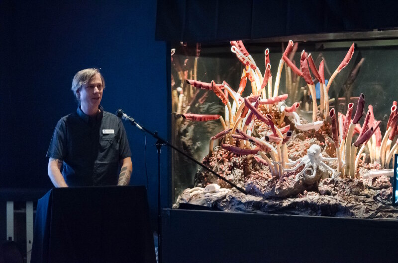 Mike McCue, the head curator for UnderwaterWorld Guam, gives remarks during an event to debut their ECC.