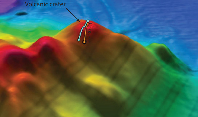 Pre-dive planning for dive, showing crater on top of volcano and two possible dive tracks.