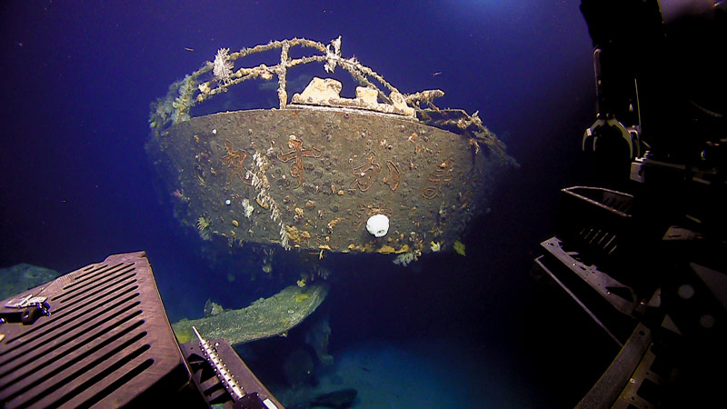 The stern of the Amakasu Maru No. 1 with her name still visible 73 years after she was sunk.