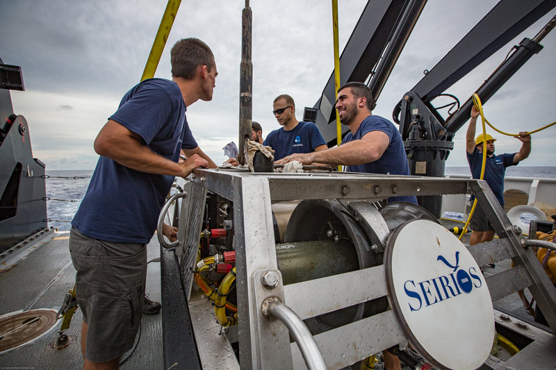 The Global Foundation for Ocean Exploration ROV team finish up their post-dive check list.