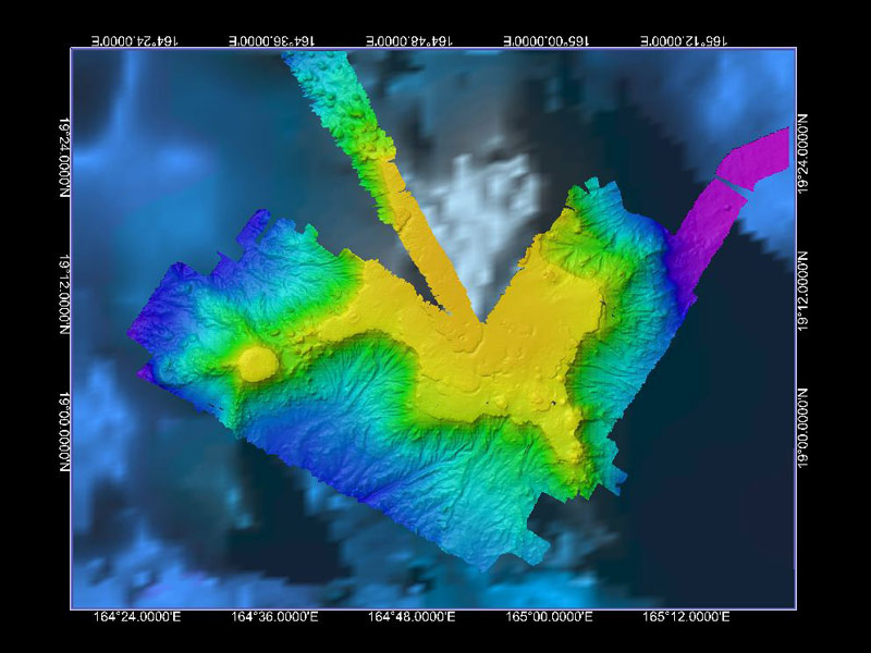 The multibeam bathymetry collected during during the mapping in the Pacific Remote Islands Marine National Monument expedition gridded to 75 meters. There was not enough time on that cruise to collect data over the entire seamount, which measures roughly 3,600 square kilometers.