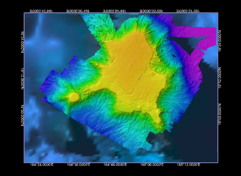 On the current Deepwater Wonders of Wake expedition, we had a few weather days where we couldn’t deploy the ROVs, this allowed us time to map over McDonnell Seamount, completing coverage over the seamount.