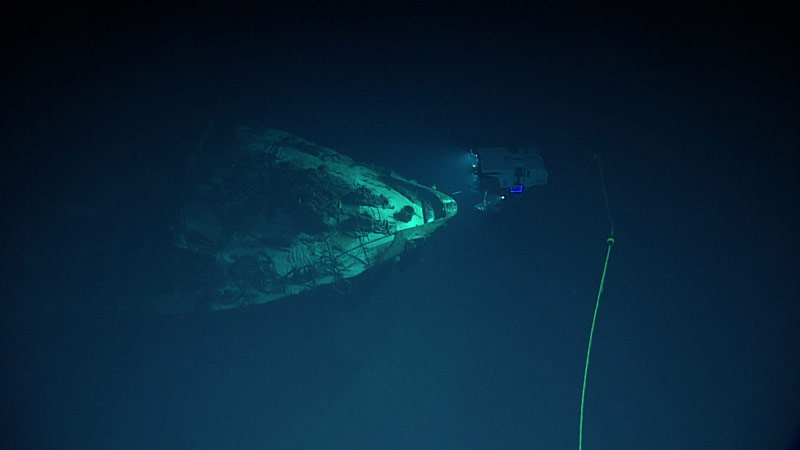Remotely operated vehicle Deep Discoverer comes upon the bow of the Amakasu Maru No.1.