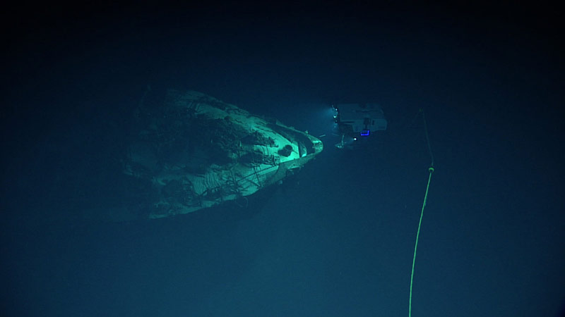 Remotely operated vehicle Deep Discoverer comes upon the bow of the Amakasu Maru No.1.