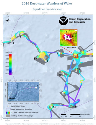 Overview map showing seafloor bathymetry collected and ROV dives conducted during the Deepwater Wonders of Wake expedition.