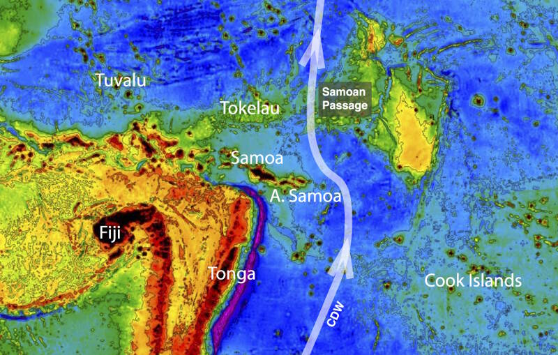 Flow of the Circumpolar Deep Water below 4,000 meters through the Samoan Passage.