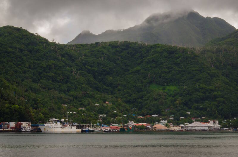 NOAA Ship Okeanos Explorer docked at the pier at the Port of Pago Pago in American Samoa. Significant outreach was conducted prior to commencing the expedition. Interviews were conducted with media, and ship tours were held for local elementary through college students, local partners, government and agency representatives.