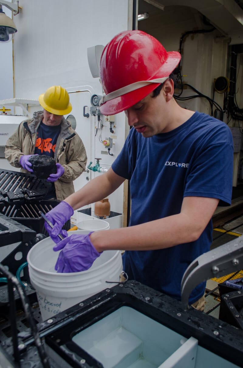 Immediately after the ROV is recovered and secure on deck, the scientists take buckets of cold seawater down to retrieve the samples collected from the dive. Keeping the animals in cold water and processing them as soon as possible after the dive is critical as the animals start to degrade as they become warm and are exposed to air. Here, biology Science Team Lead, Dr. Santiago Herrera, transfers a coral sample from the insulated bio boxes on Deep Discoverer to a bucket full of chilled water for transfer to the wetlab.