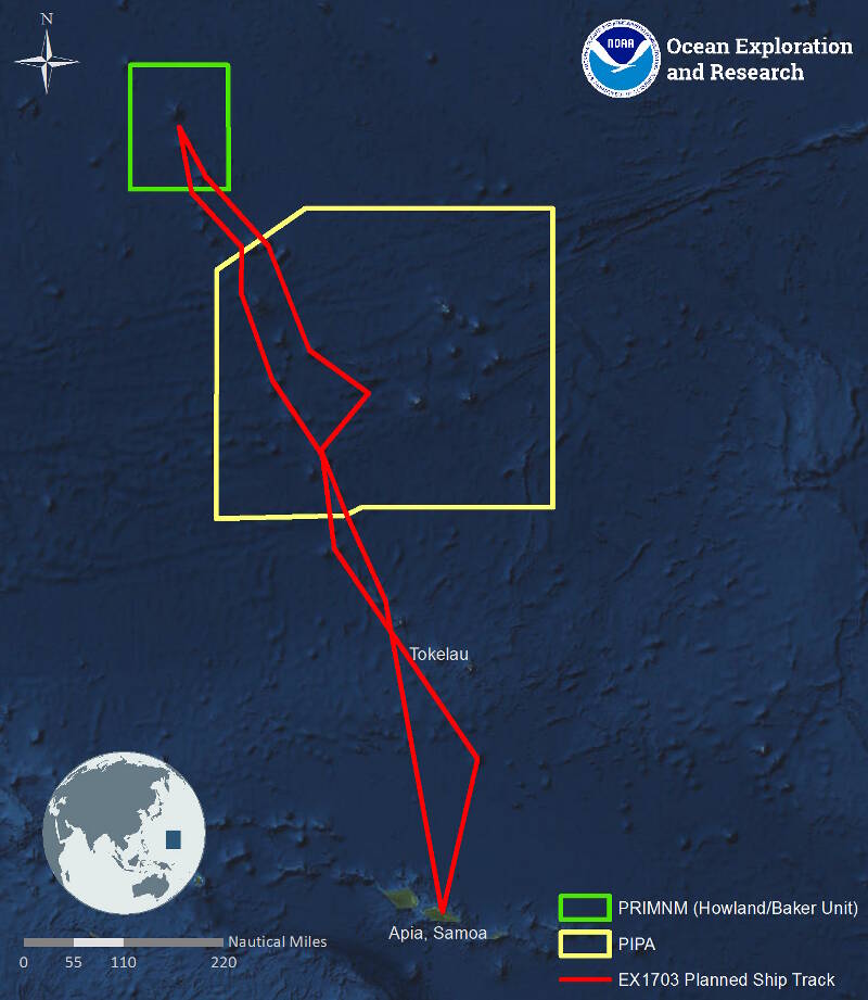 Map showing the general expedition operating area. The red line is the rough cruise track to and from the Pacific Remote Islands Marine National Monument (PRIMNM) during the expedition. The yellow outline is the Phoenix Islands Protected Area. The green outline denotes the boundaries of the Howland and Baker Unit of the PRIMNM.