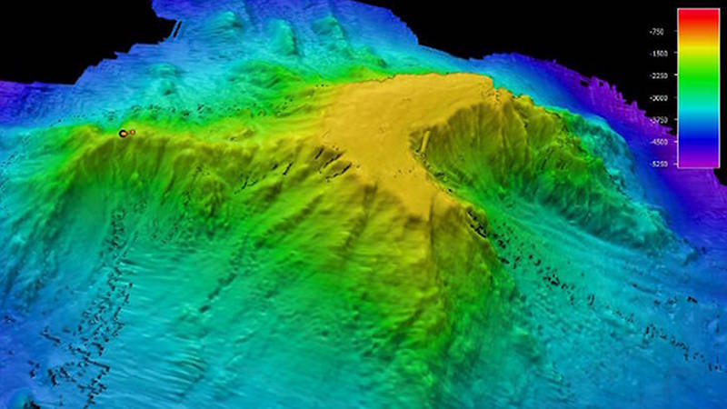 Bird-eye view of Titov Seamount. Our dive was along the western ridge line, or tail of the seamount feature.