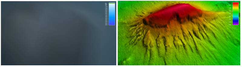 Example highlighting the importance of ship-based ocean mapping work. The left image shows PaoPao Seamount as resolved from satellite-derived bathymetry (barely discernible bump). The right image shows the same feature as mapped with the ship’s multibeam sonar - providing a detailed map with 50m resolution. This map was used for ROV dive planning.