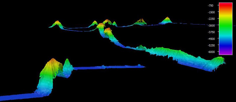 A view of the NOAA Ship Okeanos Explorer mapping track, showing some of the “Mountains in the Deep”.