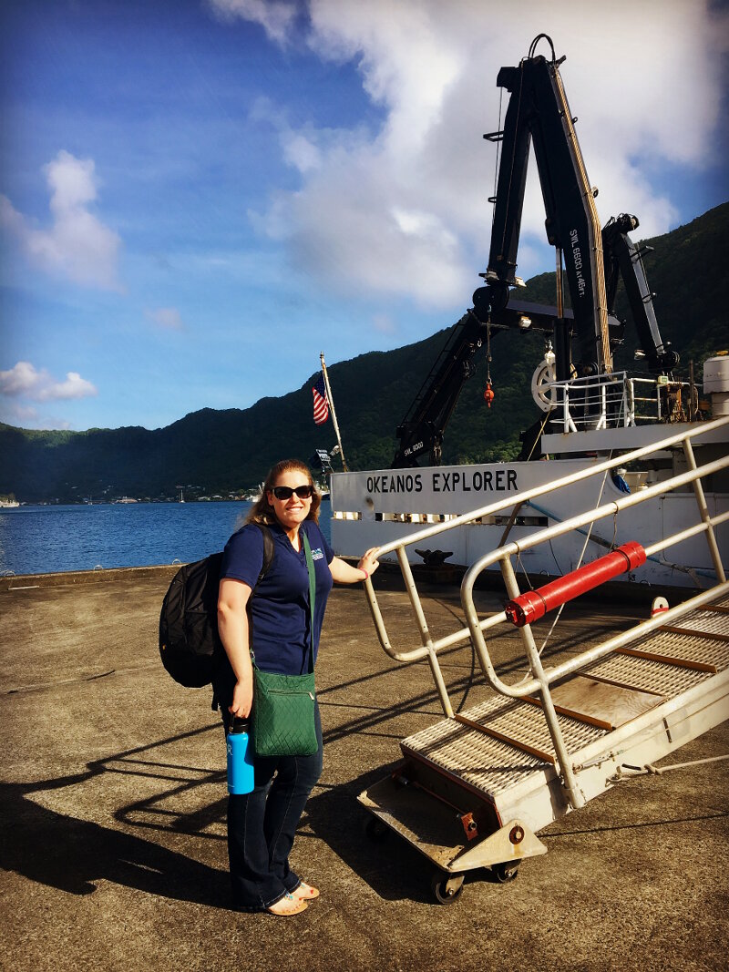 Expedition Coordinator, Kasey Cantwell, prepares to board NOAA Ship Okeanos Explorer to embark on the Mountains in the Deep: Exploring the Central Pacific Basin expedition.