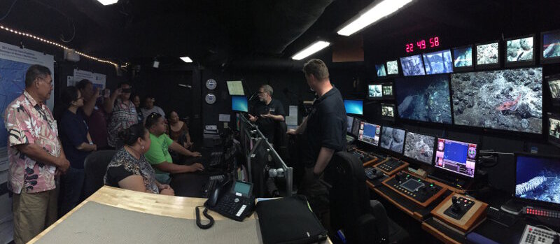 Science leads, Scott France and Del Bohnenstiehl, leading a ship tour in control room aboard NOAA Ship Okeanos Explorer. Altogether, 400 people were given ship tours in American Samoa.