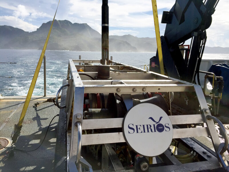 Remotely operated vehicle (ROV) Seirios is on deck and ready for Dive 01 of the expedition. Seirios and Deep Discoverer together make up the dual-body ROV system on NOAA Ship Okeanos Explorer.