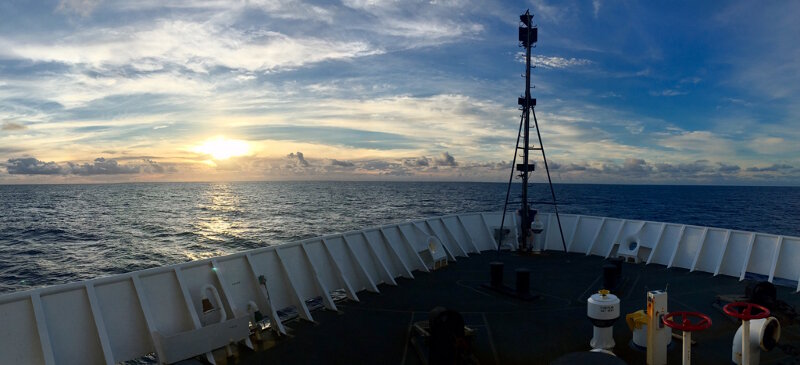 The bow of NOAA Ship Okeanos Explorer at sunrise.